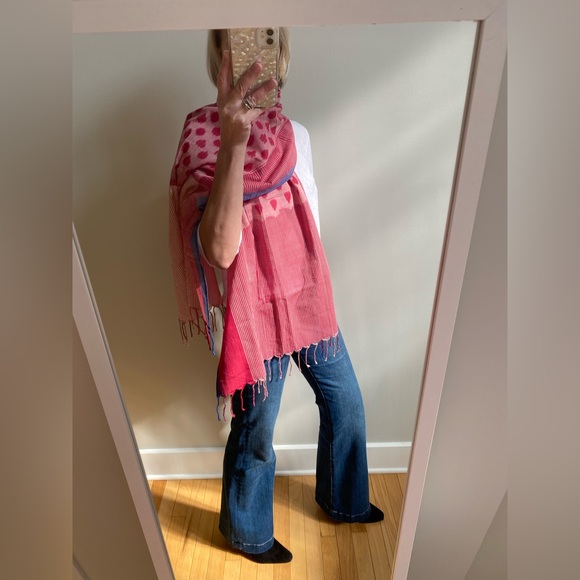 Red cotton striped mix pattern hand knotted scarf - Picture 3 of 16